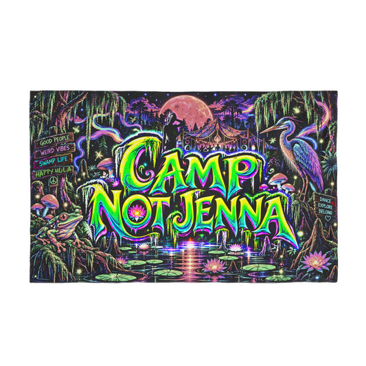 Camp Not Jenna Double-Sided Flag — Neon Psychedelic Camping Banner