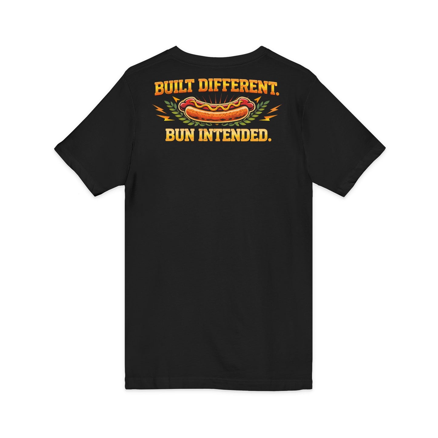 Tug-A-Weenie Champion V-Neck Tee — "Built Different. Bun Intended."