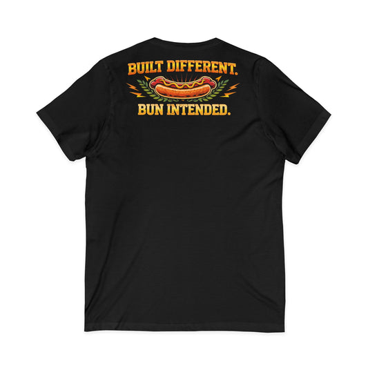 Tug-A-Weenie Champion V-Neck Tee — "Built Different. Bun Intended."