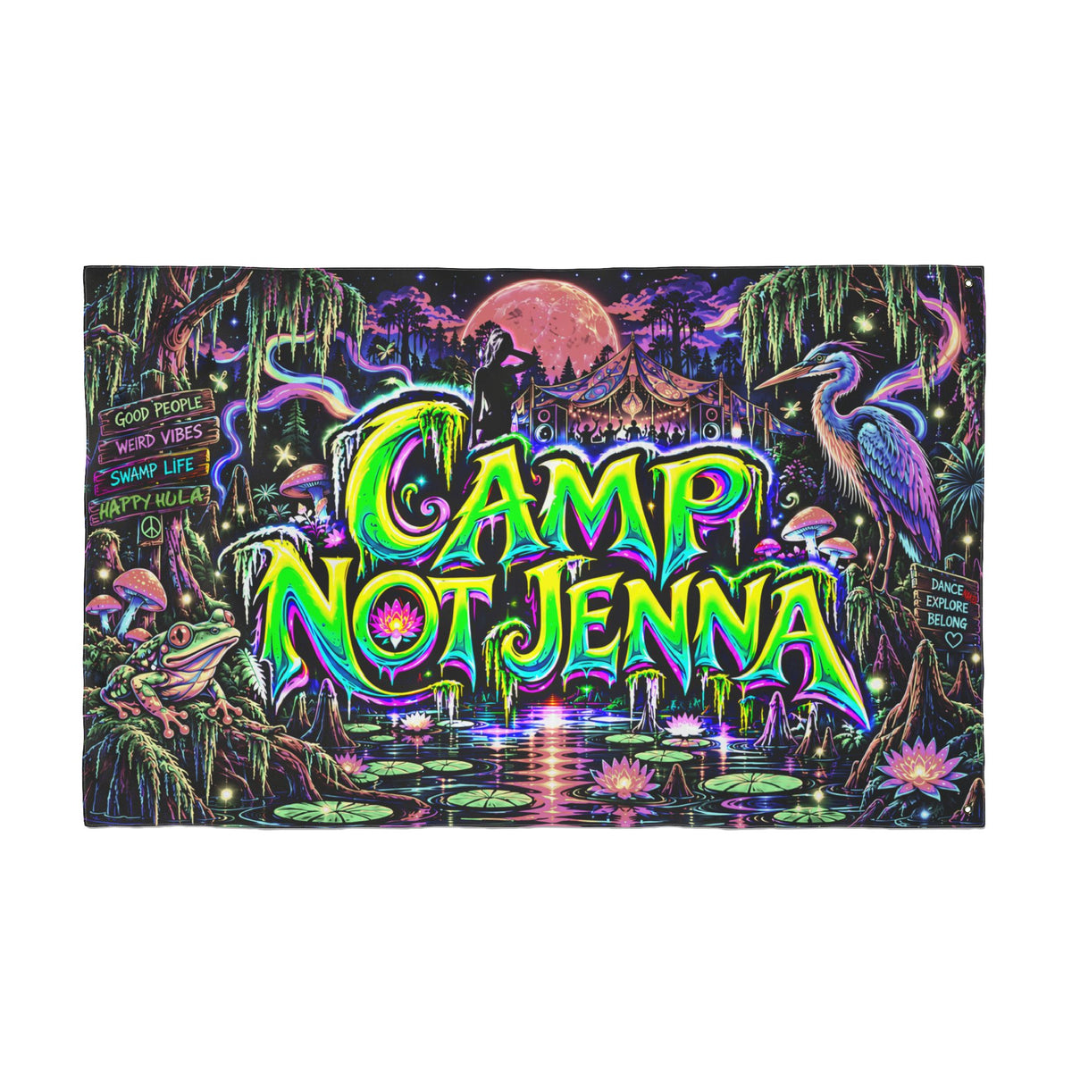Camp Not Jenna Double-Sided Flag — Neon Psychedelic Camping Banner