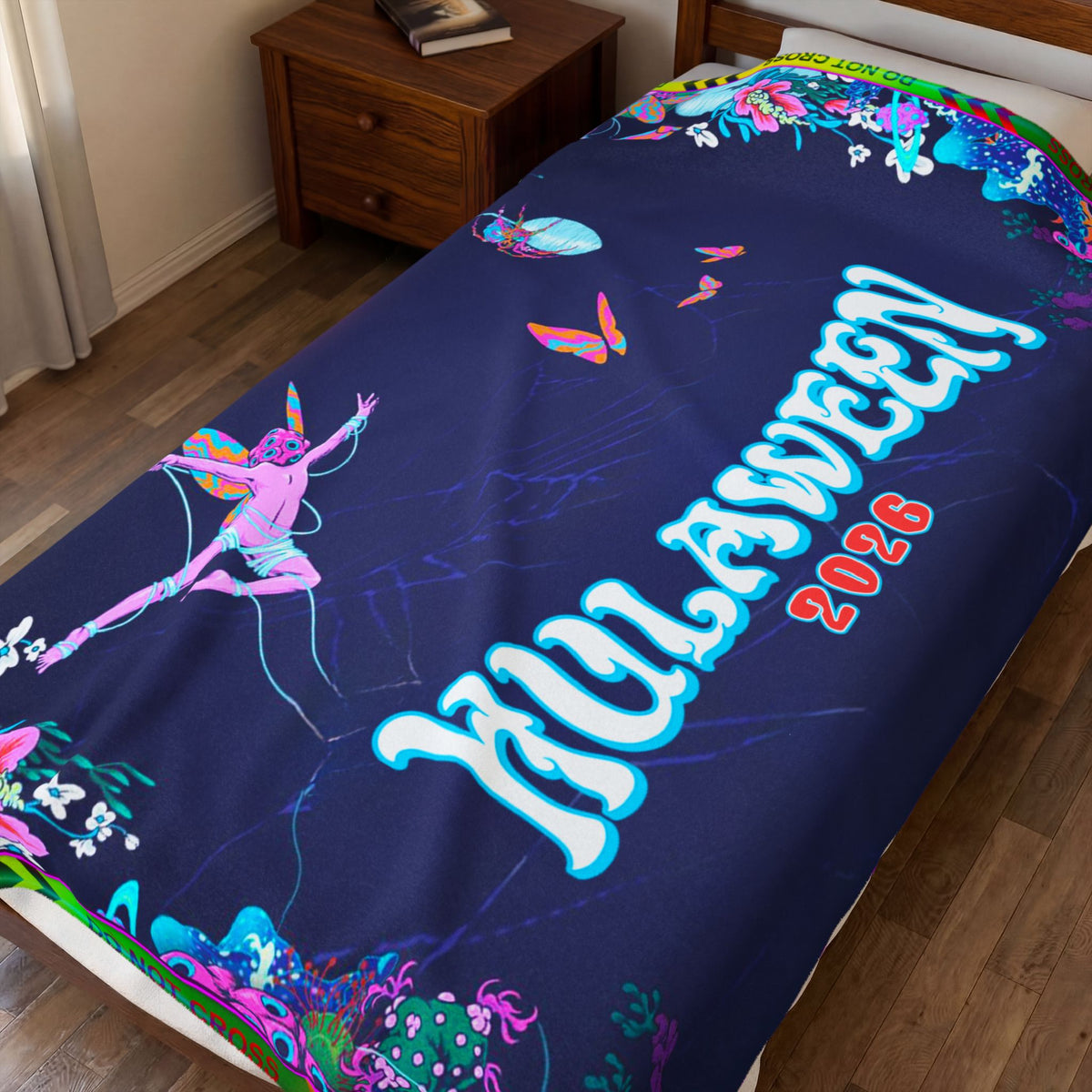 Velveteen Plush Blanket — Neon Floral Surreal Design with 'Velveteen' Text