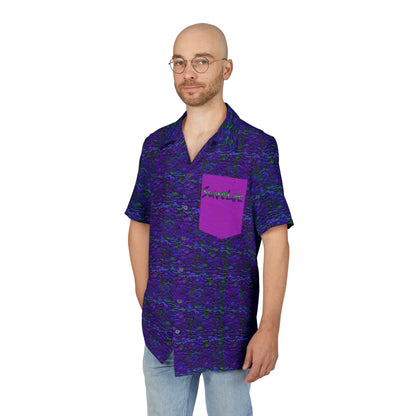 Purple Wave Hawaiian Shirt with Pink Pocket - Retro Tropical Button-Down