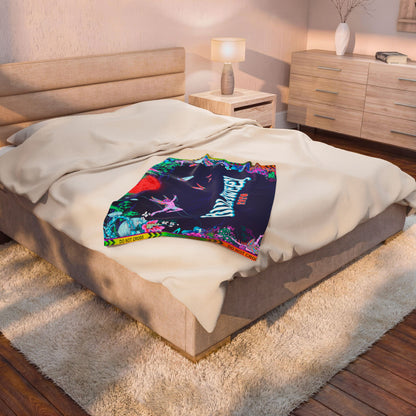 Velveteen Plush Blanket — Neon Floral Surreal Design with 'Velveteen' Text