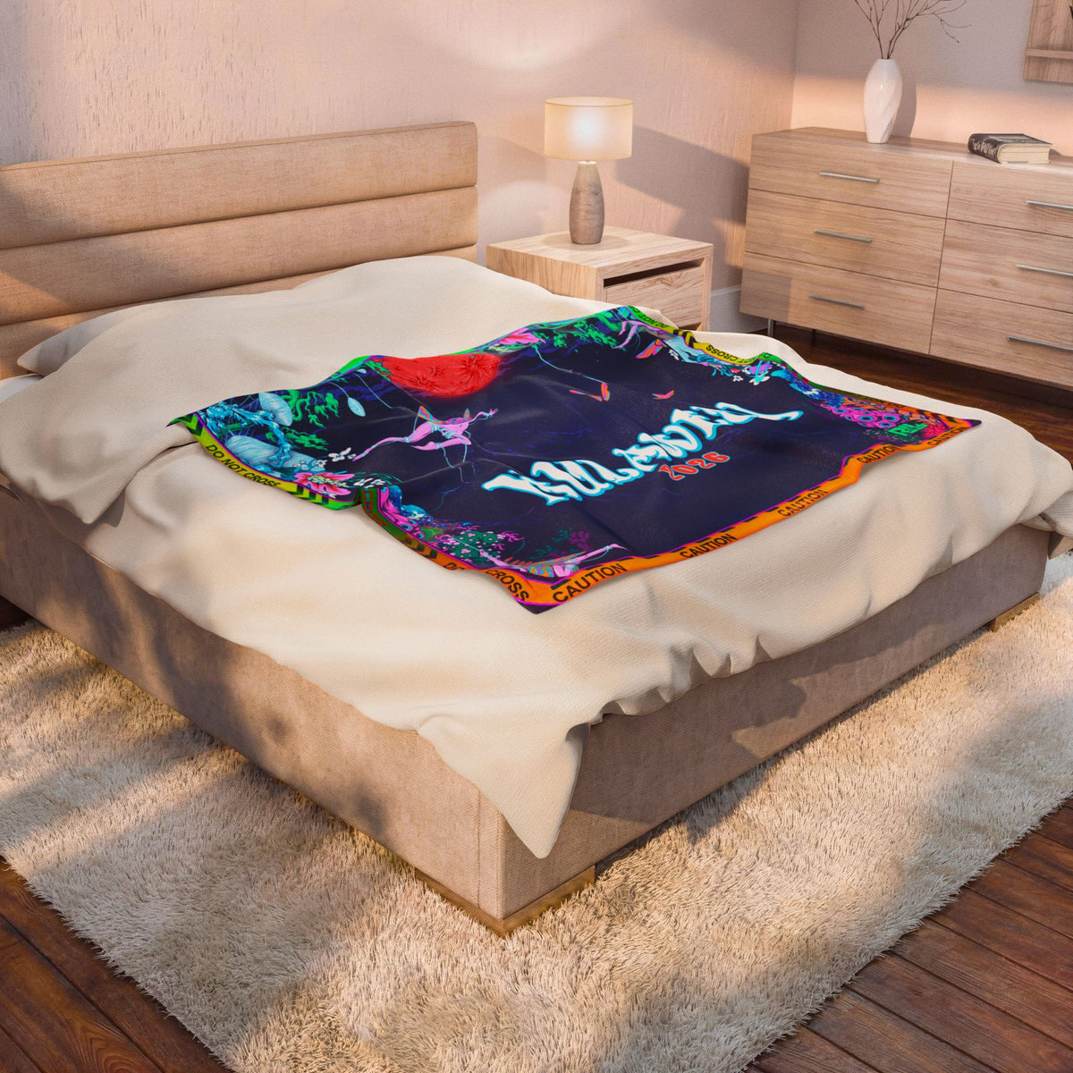 Velveteen Plush Blanket — Neon Floral Surreal Design with 'Velveteen' Text