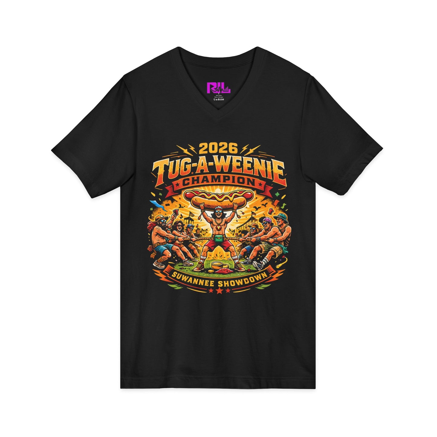 Tug-A-Weenie Champion V-Neck Tee — "Built Different. Bun Intended."
