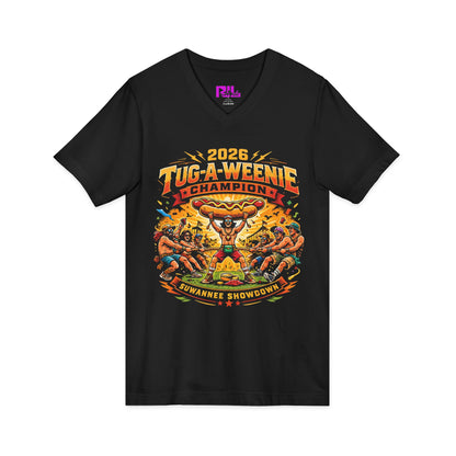 Tug-A-Weenie Champion V-Neck Tee — "Built Different. Bun Intended."