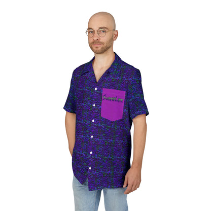 Purple Wave Hawaiian Shirt with Pink Pocket - Retro Tropical Button-Down