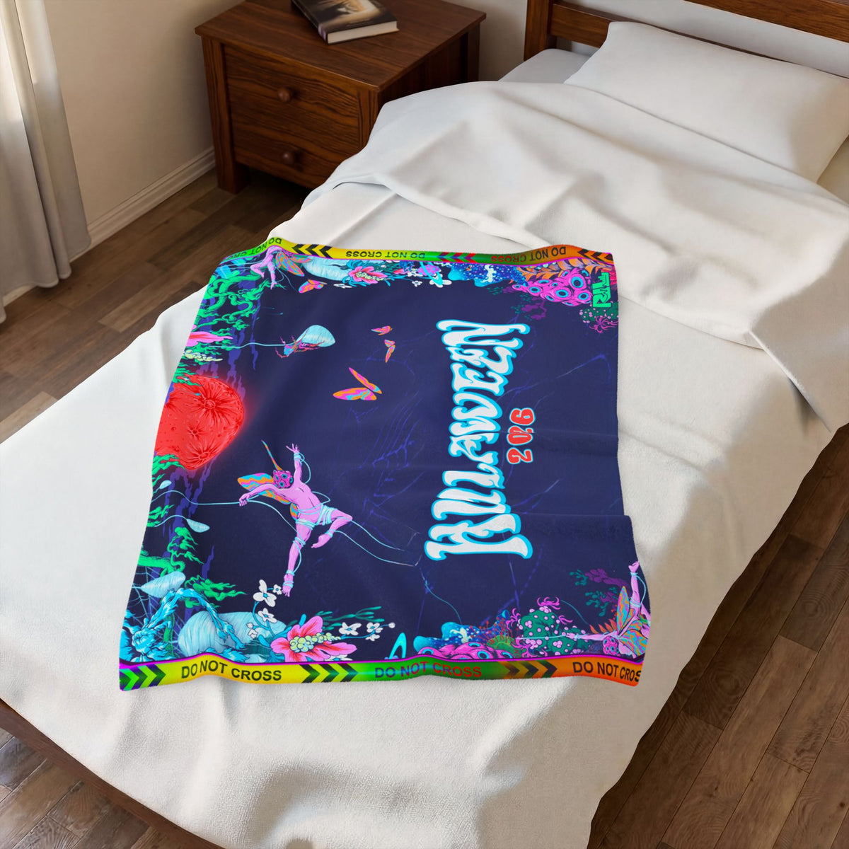 Velveteen Plush Blanket — Neon Floral Surreal Design with 'Velveteen' Text