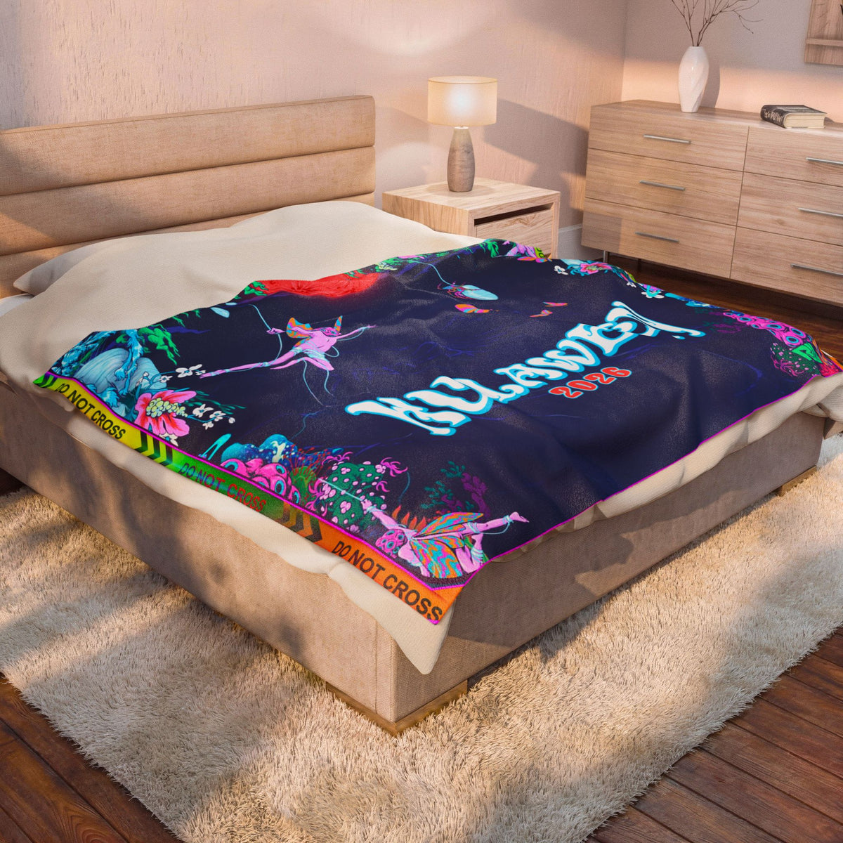 Velveteen Plush Blanket — Neon Floral Surreal Design with 'Velveteen' Text