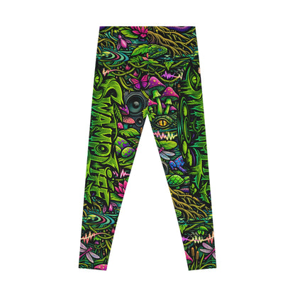 SwampLife Psychedelic Forest Leggings — Neon Mushroom Allover Print