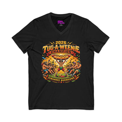 Tug-A-Weenie Champion V-Neck Tee — "Built Different. Bun Intended."