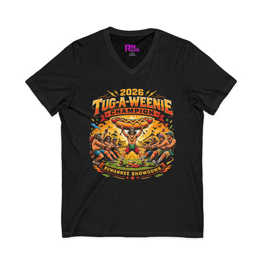 Tug-A-Weenie Champion V-Neck Tee — "Built Different. Bun Intended."