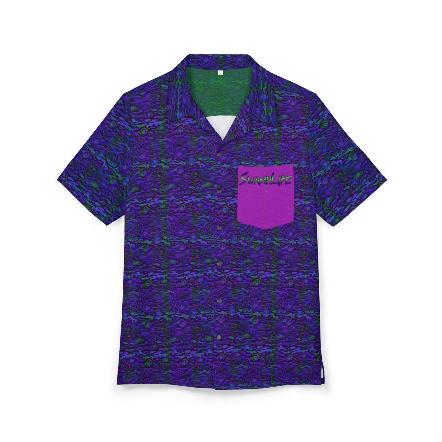 Purple Wave Hawaiian Shirt with Pink Pocket - Retro Tropical Button-Down