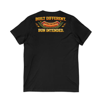 Tug-A-Weenie Champion V-Neck Tee — "Built Different. Bun Intended."